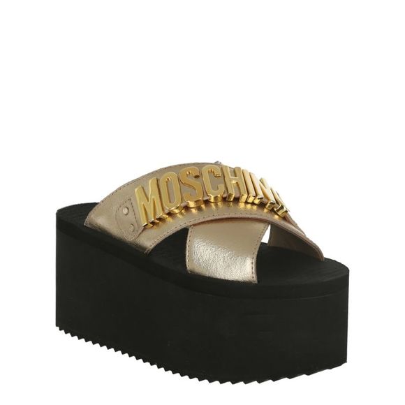 Moschino Logo Plaque Wedge Sandals Gold Womens - Picture 2 of 4